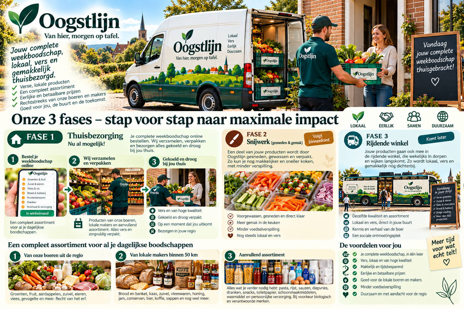 Overzicht van onze drie fases: fase 1 thuisbezorging in drie stappen (online bestellen uit een compleet assortiment, wij verzamelen en verpakken, gekoeld en droog bij jou thuis), fase 2 snijwerk met gesneden en gewassen groenten, fase 3 de rijdende winkel in dorpen en wijken, met een compleet assortiment van boeren uit de regio, lokale makers binnen 50 km en aanvullende boodschappen