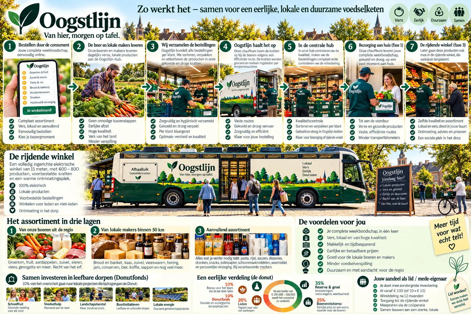 Zo werkt het bij Oogstlijn in zeven stappen: bestellen door de consument, boeren en lokale makers leveren, wij verzamelen de bestellingen, Oogstlijn haalt op, alles komt samen in de centrale hub, bezorging aan huis in fase 1, en later de rijdende winkel in fase 3; met de rijdende winkel in detail, het assortiment in drie lagen, de voordelen voor jou, samen investeren in leefbare dorpen, een eerlijke verdeling van het overschot en jouw aandeel als lid